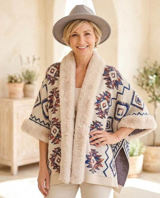 Marvis Mode - Lyram | Gemusterte Pelzbesetzte Strickjacke Damen