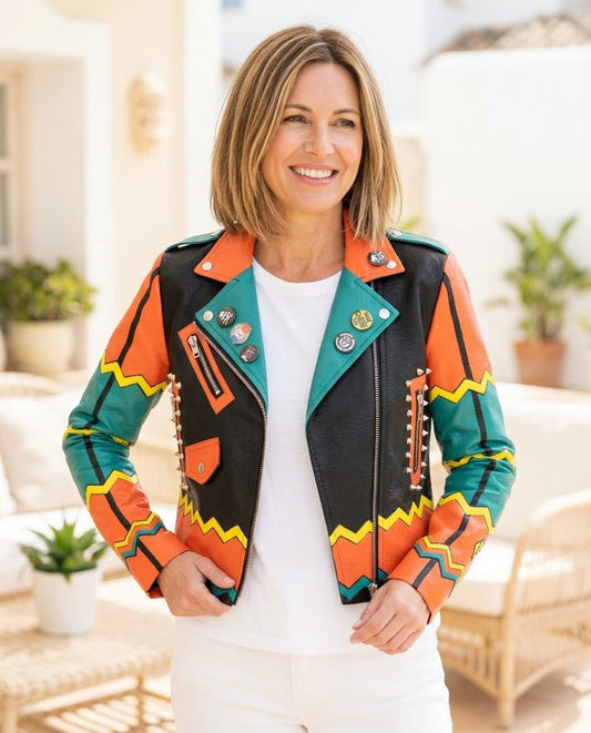 Marvis Mode - Rivos | Mehrfarbig Nietenverziert Lederjacke Damen