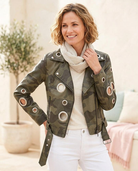 Marvis Mode - Zowir | Ösen-verzierte Camouflage Lederjacke Damen