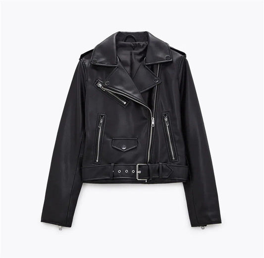 Marvis Mode - Yuhil | Asymmetrisch Gegürtelt Lederjacke Damen